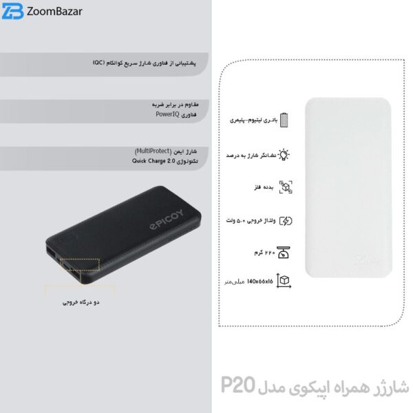 شارژر همراه اپیکوی مدل ِDP10 ظرفیت 10000 میلی آمپر ساعت