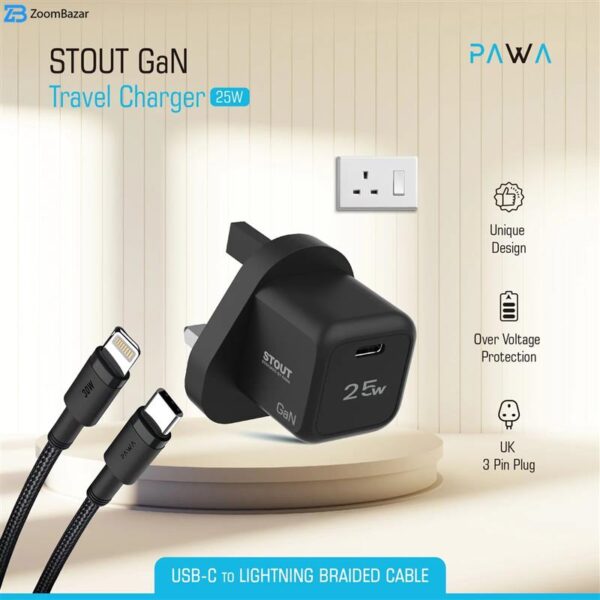 شارژر دیواری 25 وات پاوا مدل Stout Gan Travel Charger به همراه کابل USB-C به لایتنینگ