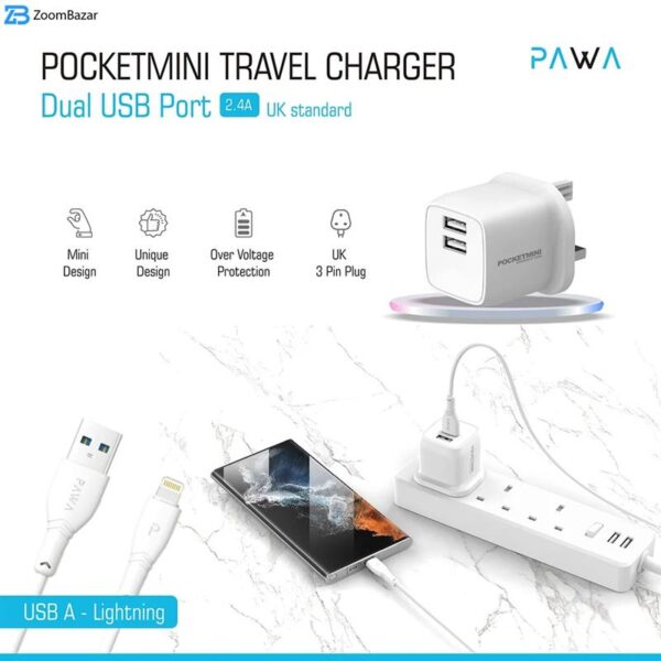 شارژر دیواری 12 وات پاوا مدل Pocket Mini Travel Charger به همراه کابل USB به لایتنینگ