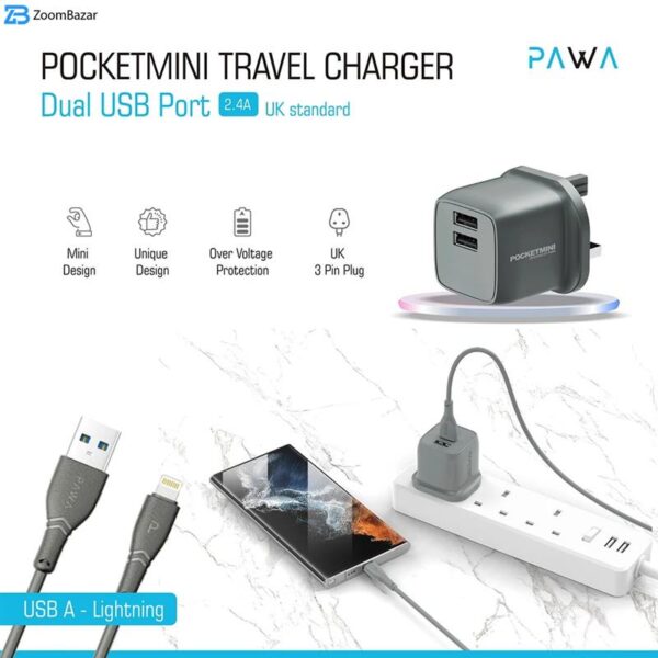 شارژر دیواری 12 وات پاوا مدل Pocket Mini Travel Charger به همراه کابل USB به لایتنینگ