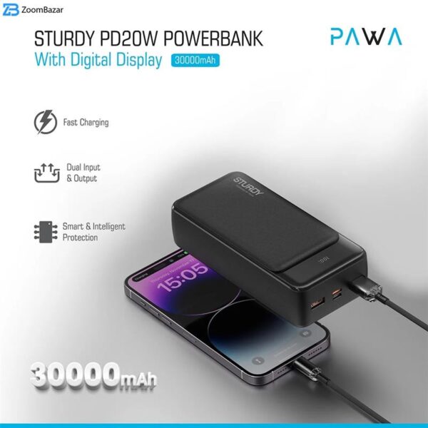 پاوربانک پاوا مدل Sturdy PD20W ظرفیت 30000 میلی آمپر ساعت