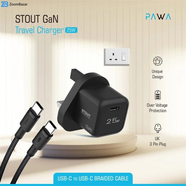 شارژر دیواری 25 وات پاوا مدل Stout GaN Travel Charger به همراه کابل USB-C